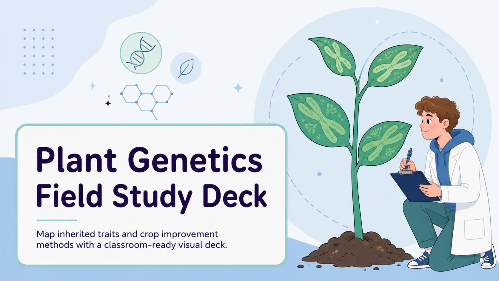 Cover slide for a plant genetics field study featuring illustrated leaves, crop symbols, and a blue classroom science palette.