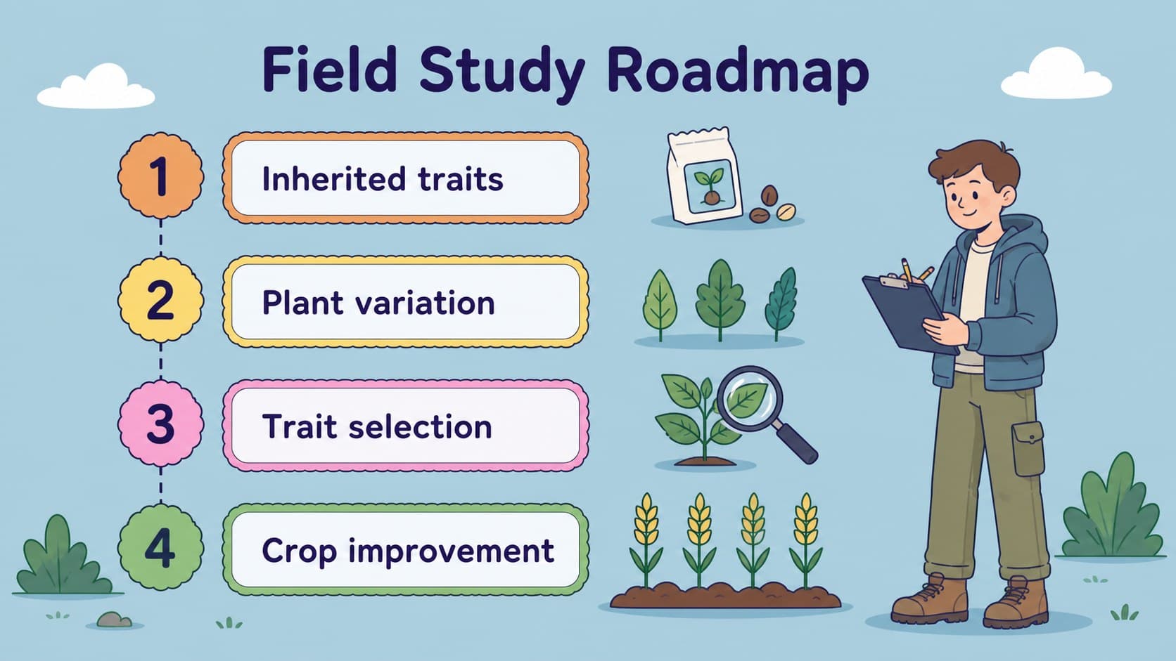 Plant genetics lesson agenda slide showing the field study topics, from inherited traits to crop selection.