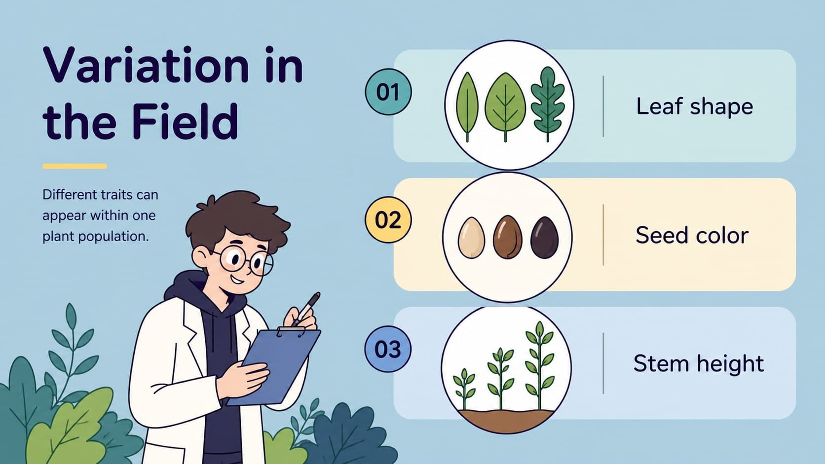 Plant variation slide comparing leaf shape, seed color, and stem height with hand-drawn science illustrations.