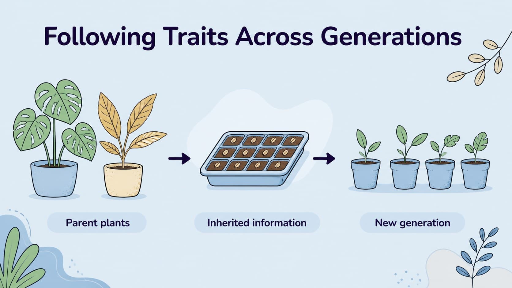 Crop inheritance diagram slide illustrating how parent plant traits appear across a new generation.