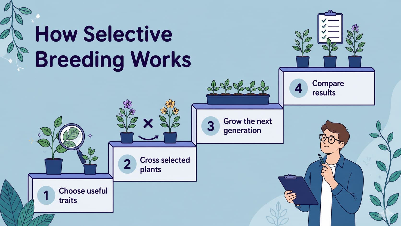 Plant breeding classroom presentation slide showing a selective breeding process with illustrated crop stages.