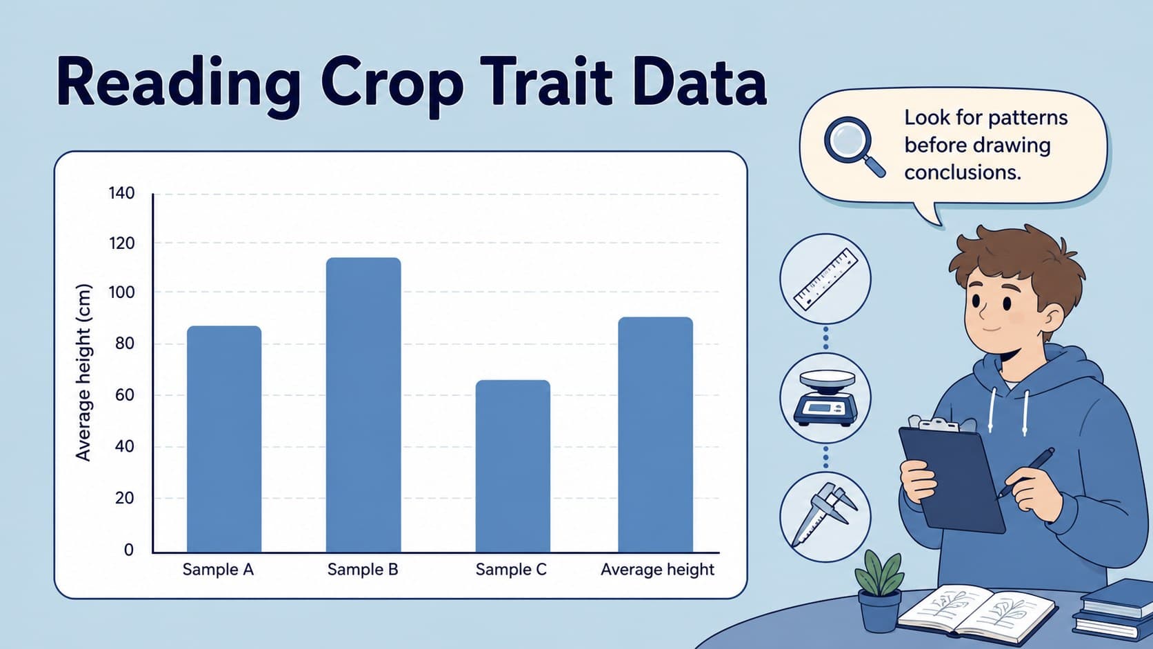 Crop traits data slide with an editable blue bar chart comparing growth measurements across plant samples.