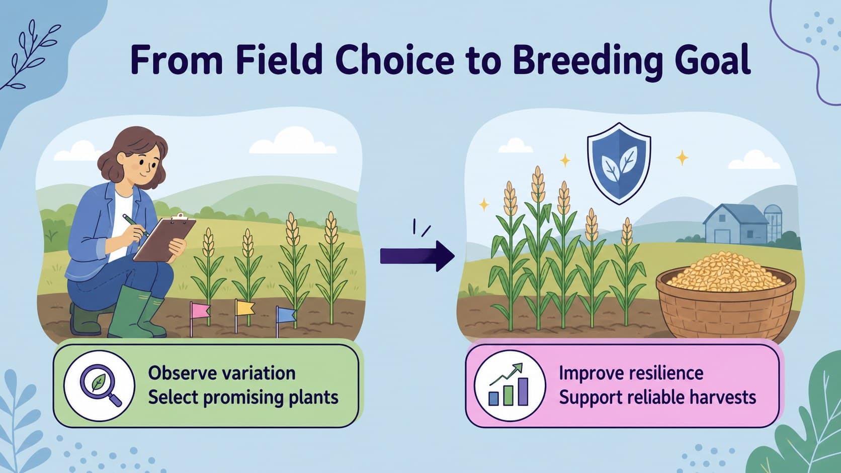 Agricultural genetics slide comparing traditional crop selection with modern breeding goals in two visual columns.