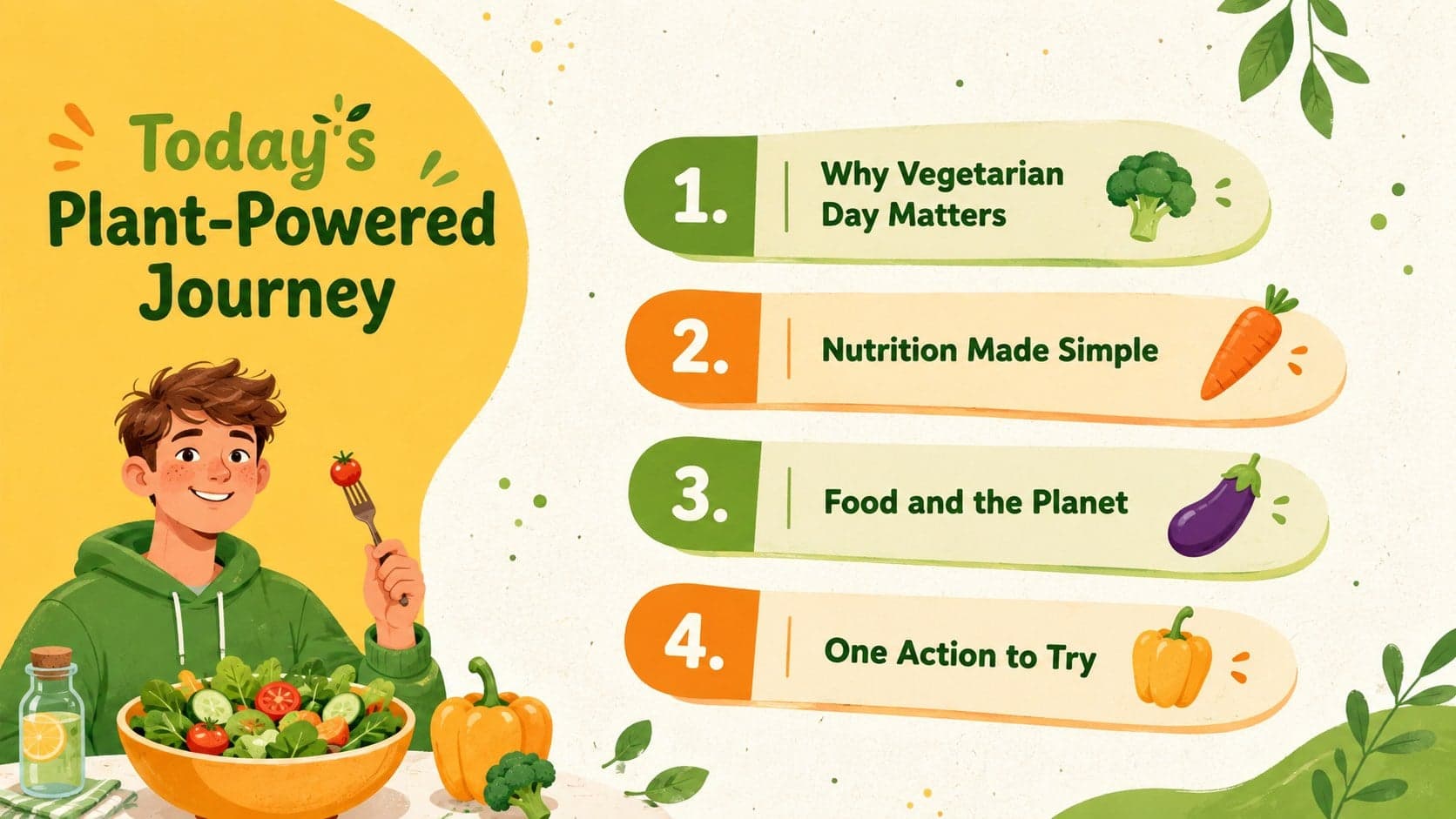 Colorful Vegetarian Day lesson agenda slide featuring vegetable icons and four learning topics.