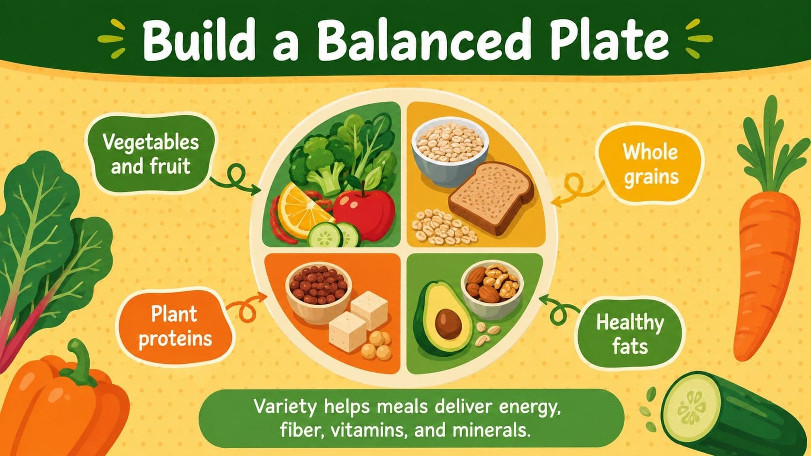 Vegetarian nutrition education deck slide showing the components of a balanced plant-powered plate.