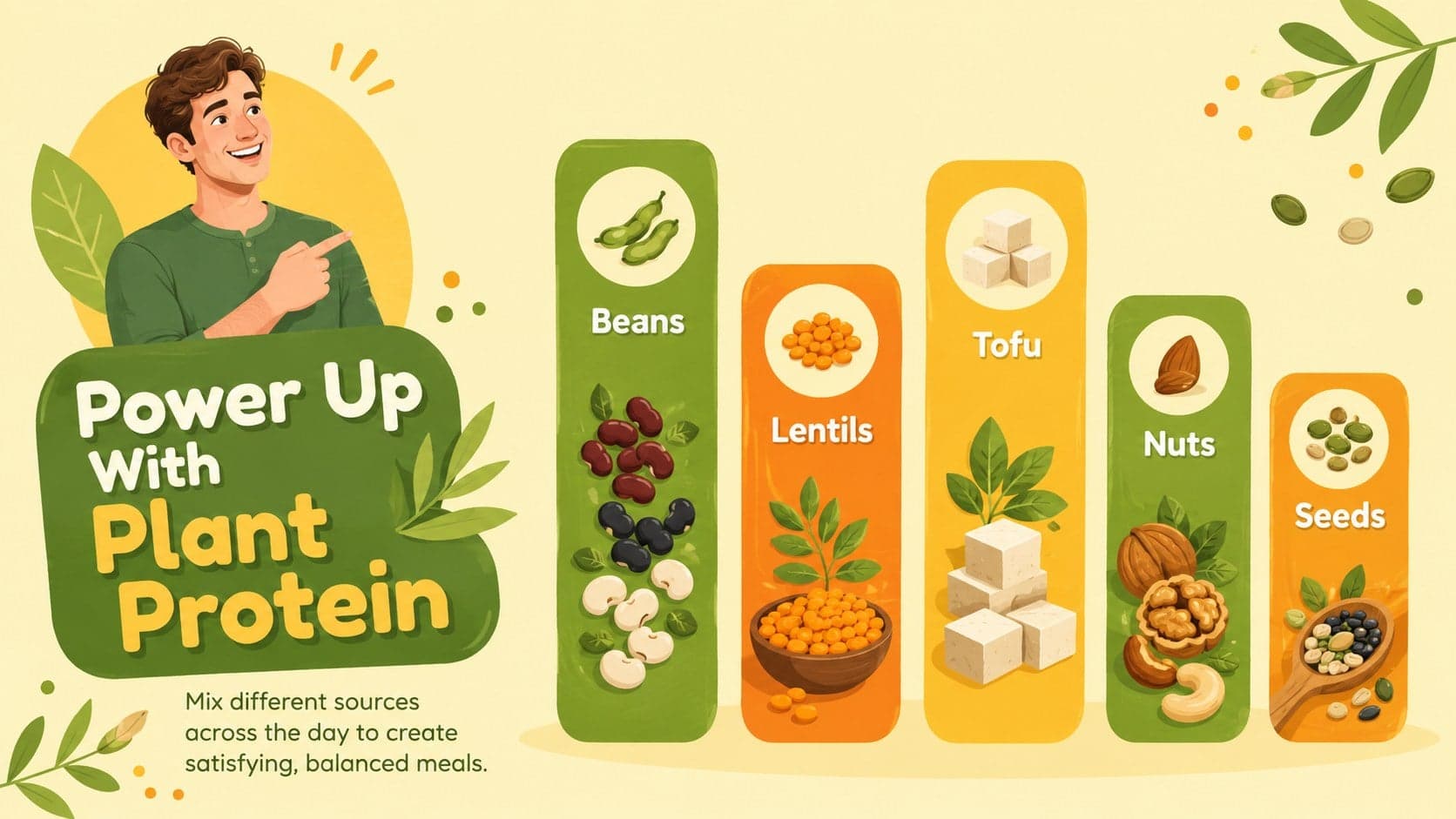 Plant-based eating lesson slide presenting beans, lentils, tofu, nuts, and seeds as protein sources.