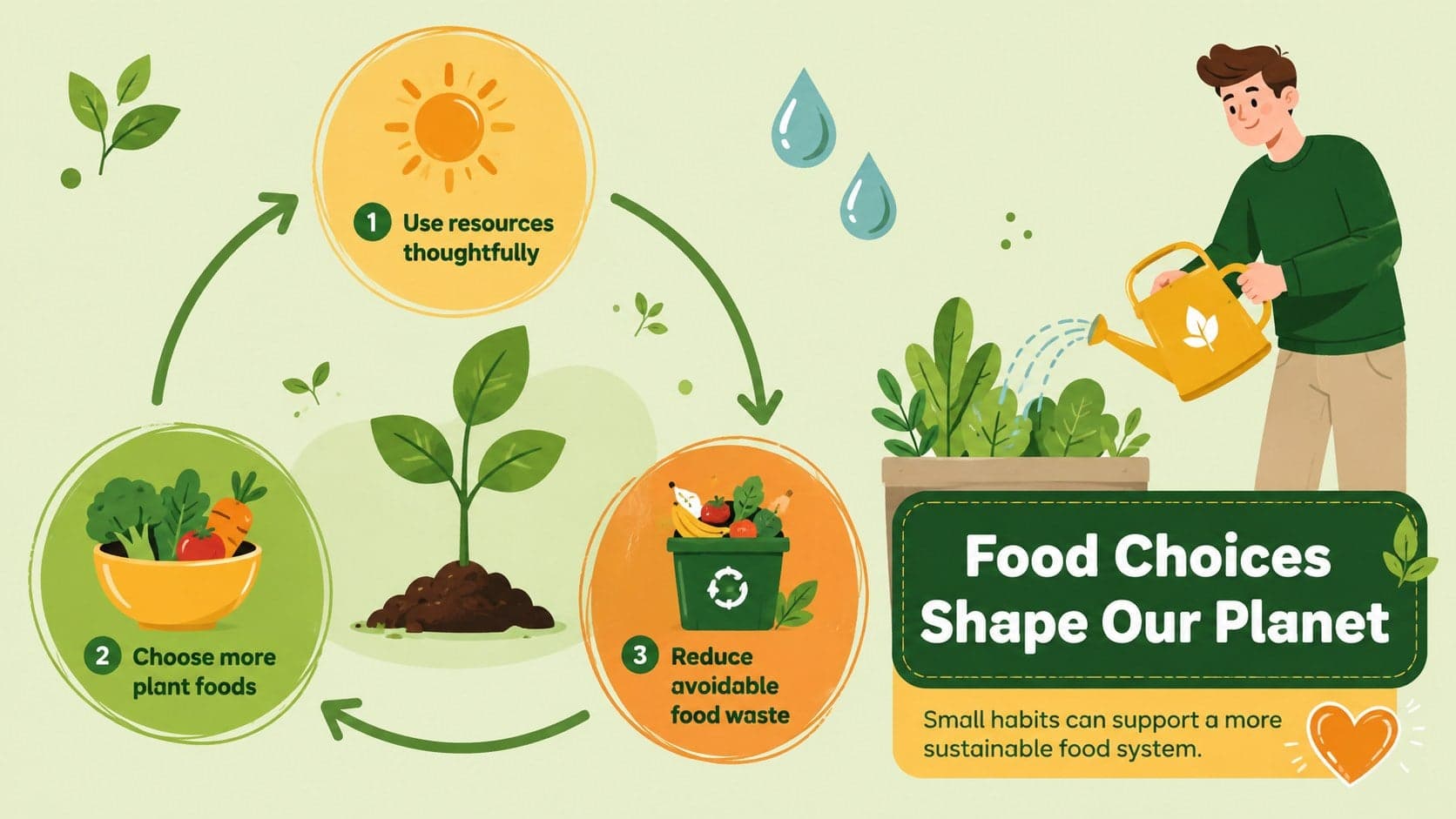 Eco-friendly eating presentation slide illustrating links between food choices, resources, and waste.