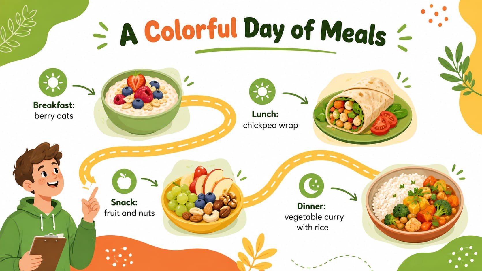 Vegetarian meal planning lesson slide with illustrated breakfast, lunch, dinner, and snack ideas.