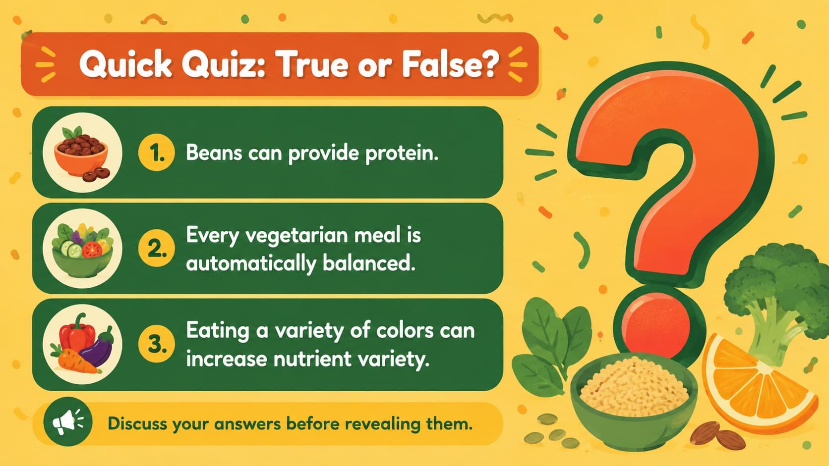 Interactive plant-based eating lesson slide with a colorful true-or-false nutrition quiz.