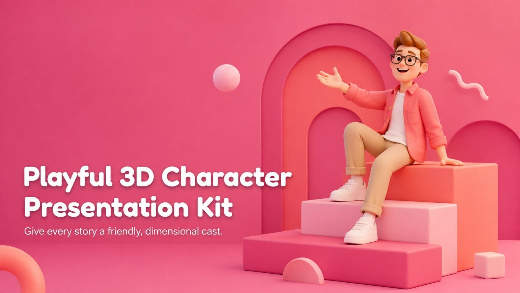 Cover of the Playful 3D Character Presentation Kit with an original cheerful figure and bright pink dimensional graphics.