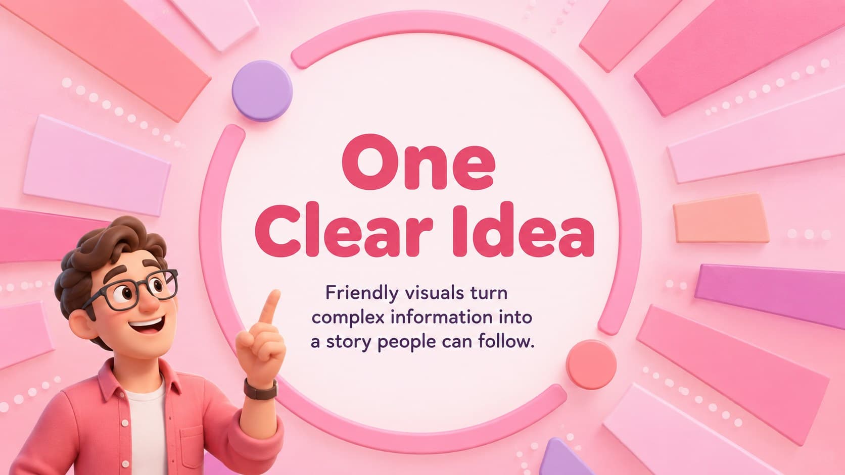 Playful 3D presentation slide introducing a central idea with a bright character and concise supporting statement.