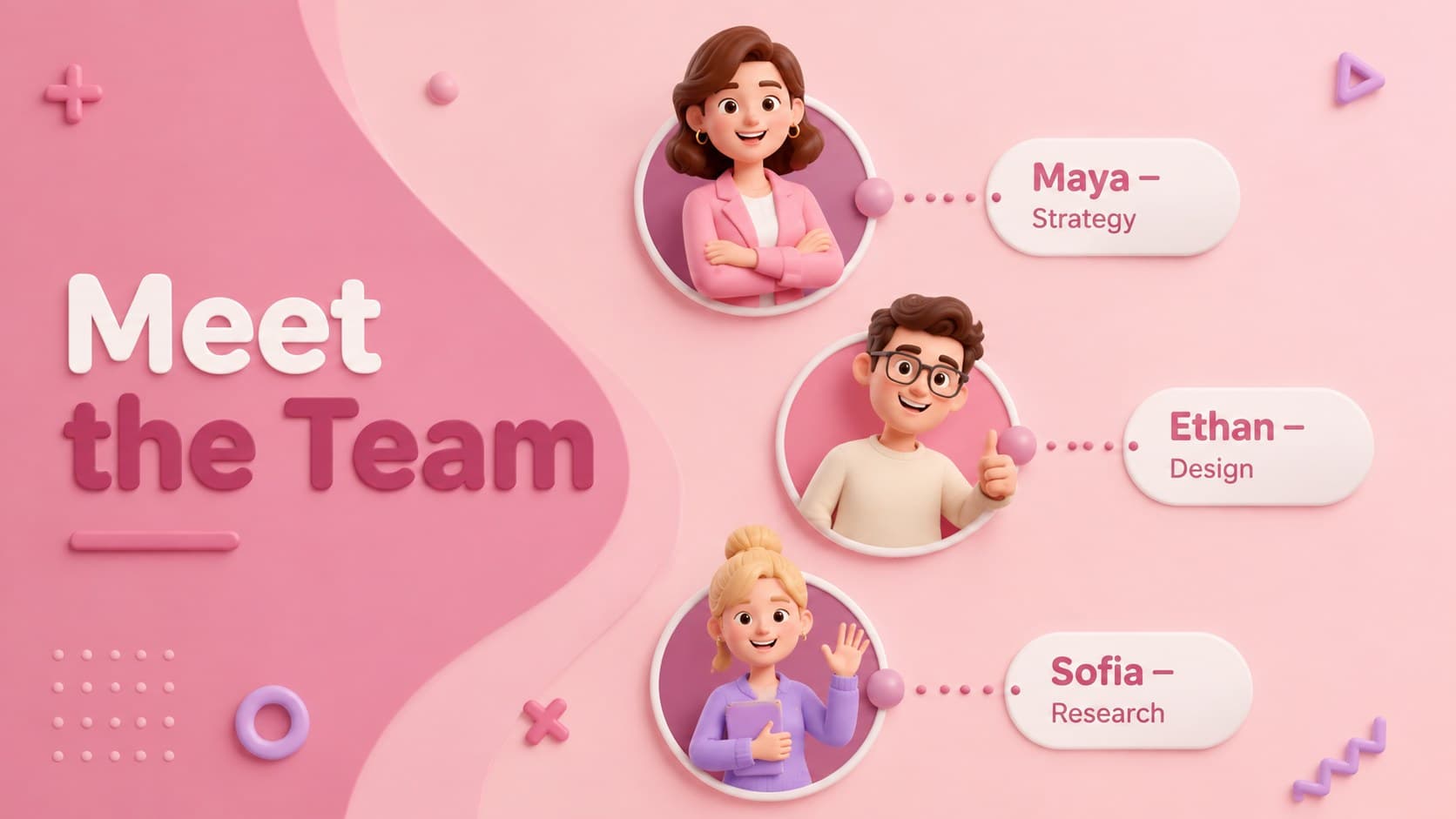 Friendly team presentation slide featuring three original 3D character profiles in a colorful asymmetric layout.
