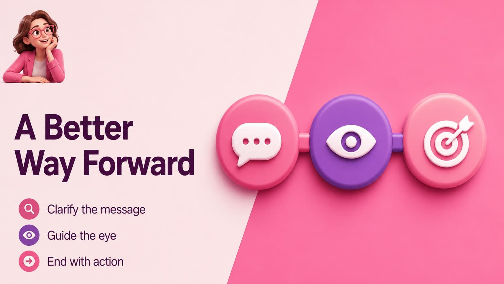 Modern character-based presentation slide explaining a three-part solution with colorful dimensional icons.