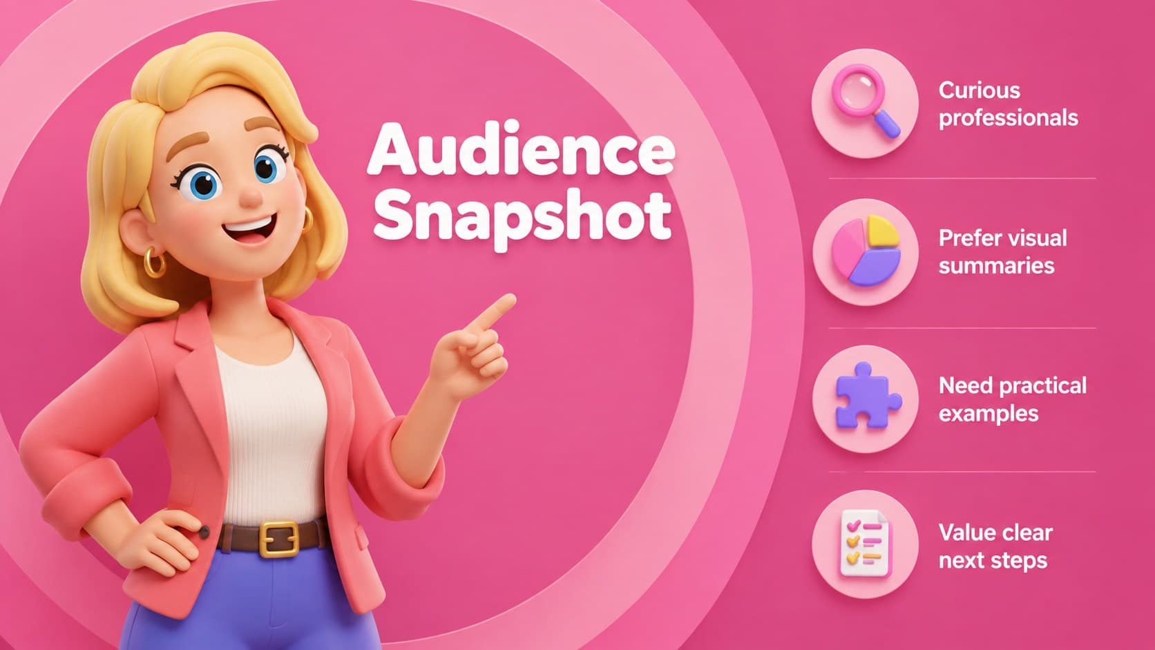 Colorful audience profile slide with an original 3D character, demographic details, and communication preferences.