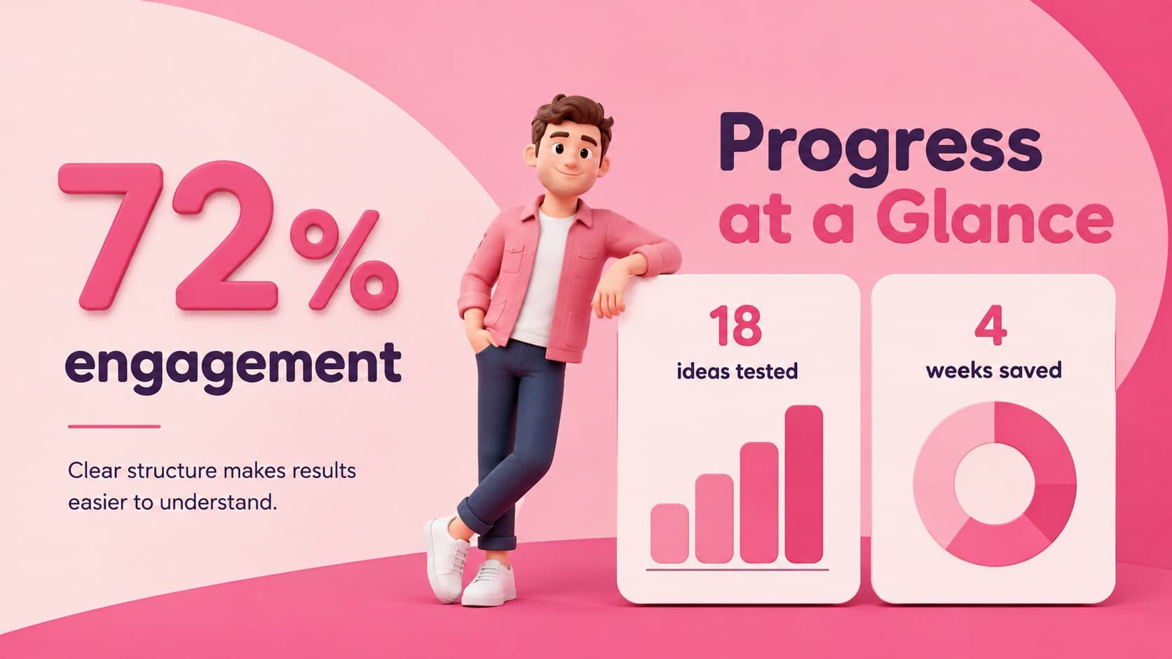 Colorful project update slide deck layout displaying three key metrics with a 3D character and clear charts.