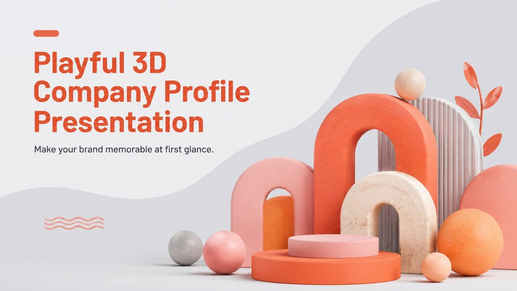 Cover of a playful 3D company profile presentation with warm geometric forms on a light gray background.