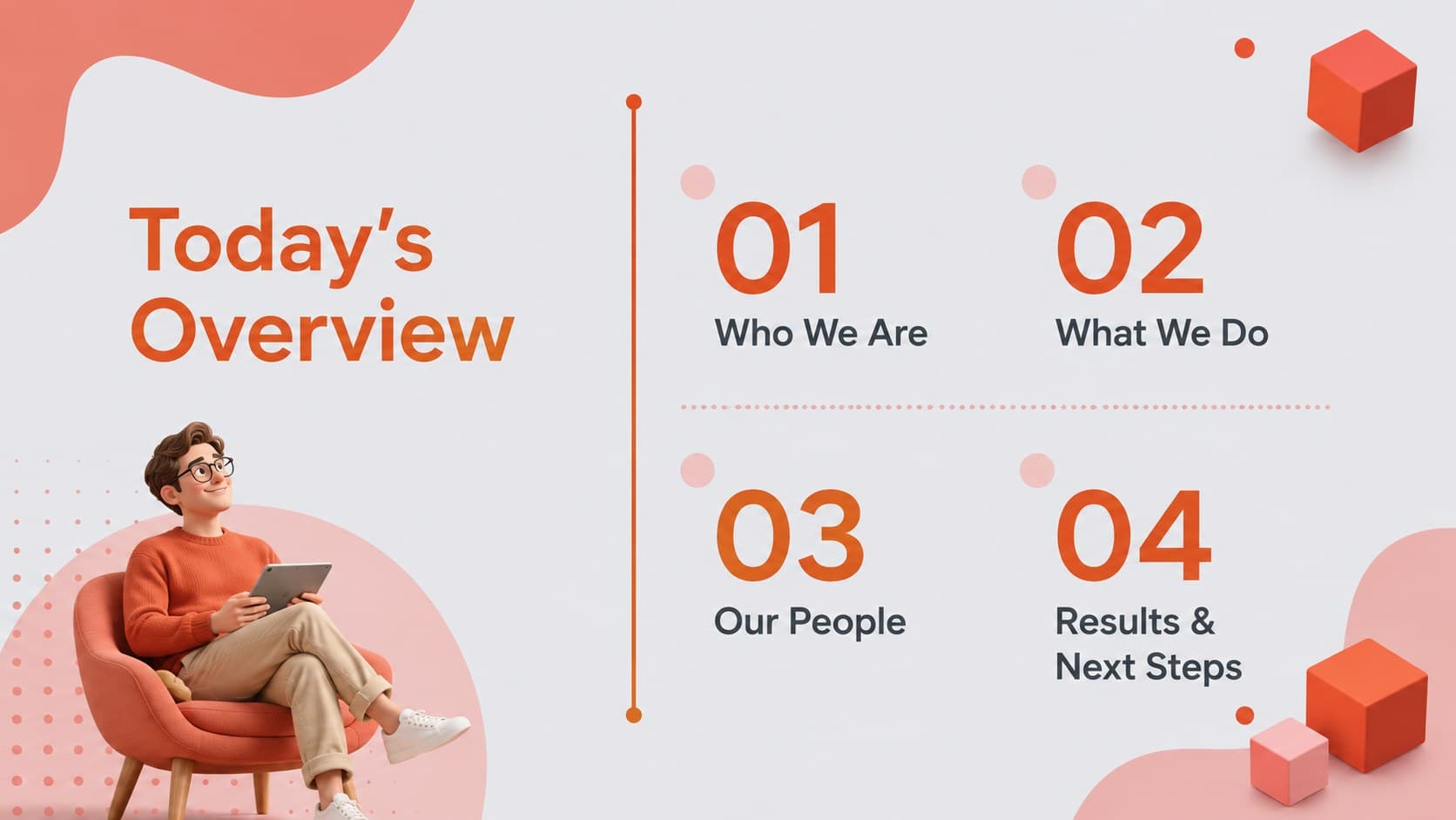 Agenda layout for a modern company introduction slide deck with four business profile sections.