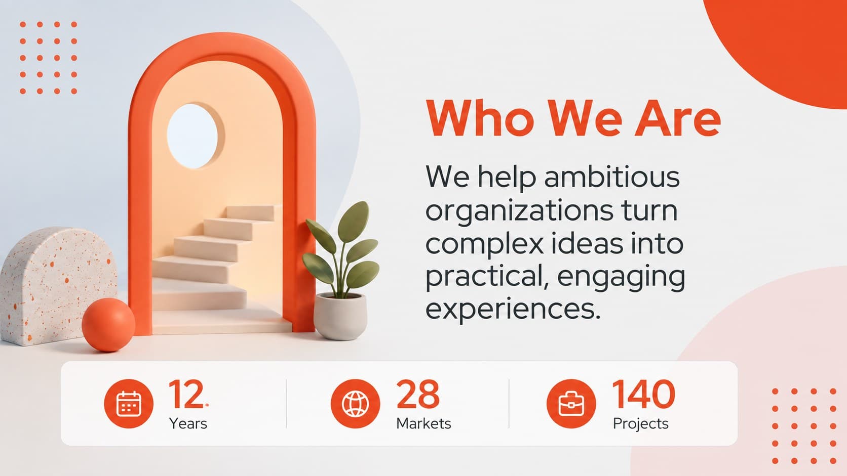 Company overview slide featuring a concise brand introduction and playful 3D geometric accents.