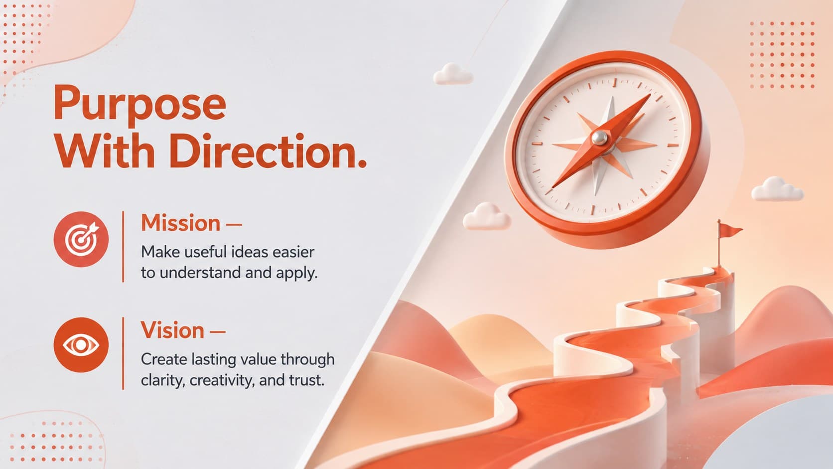 Mission and vision page in a playful company portfolio presentation with contrasting red and gray sections.