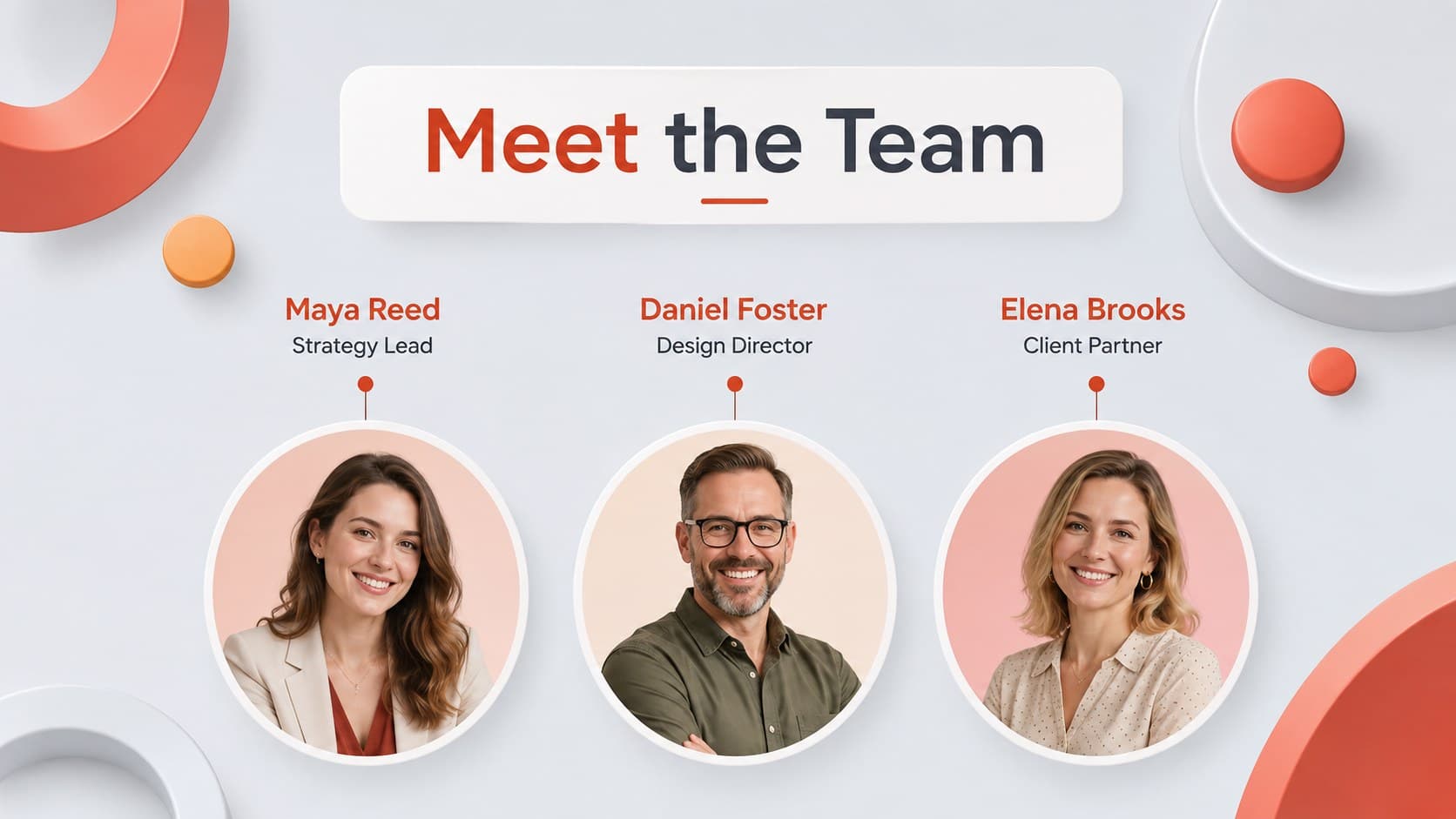 Team introduction slide with original professional portraits and warm 3D geometric details.