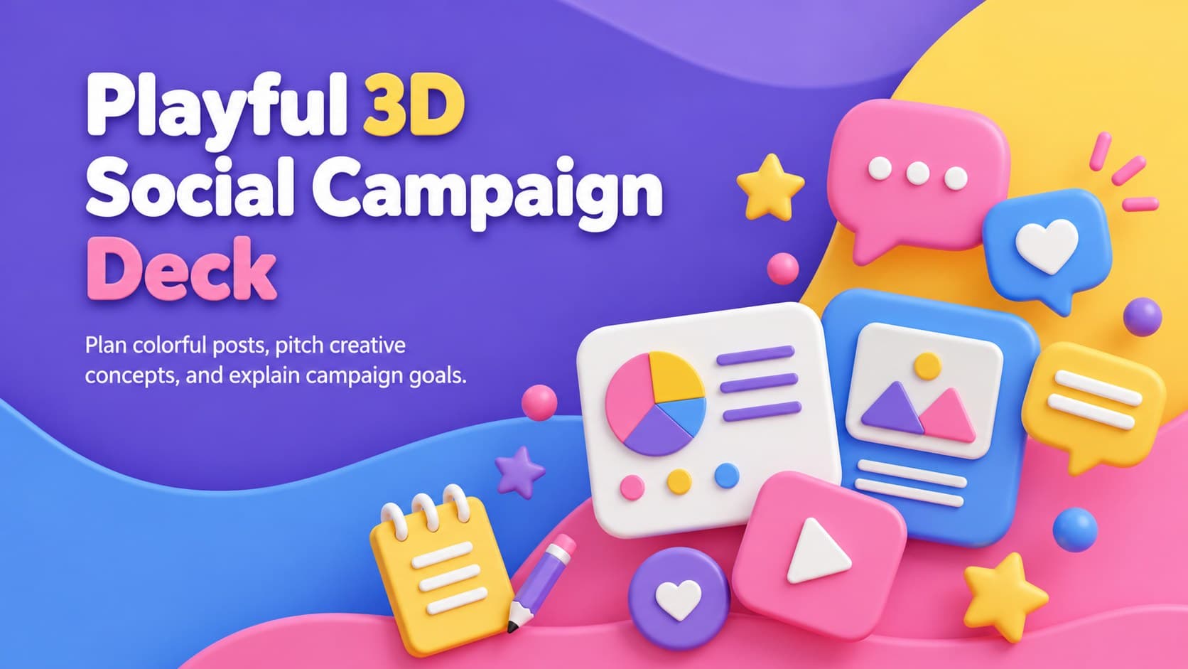 Cover of the Playful 3D Social Campaign Deck with colorful dimensional marketing graphics.