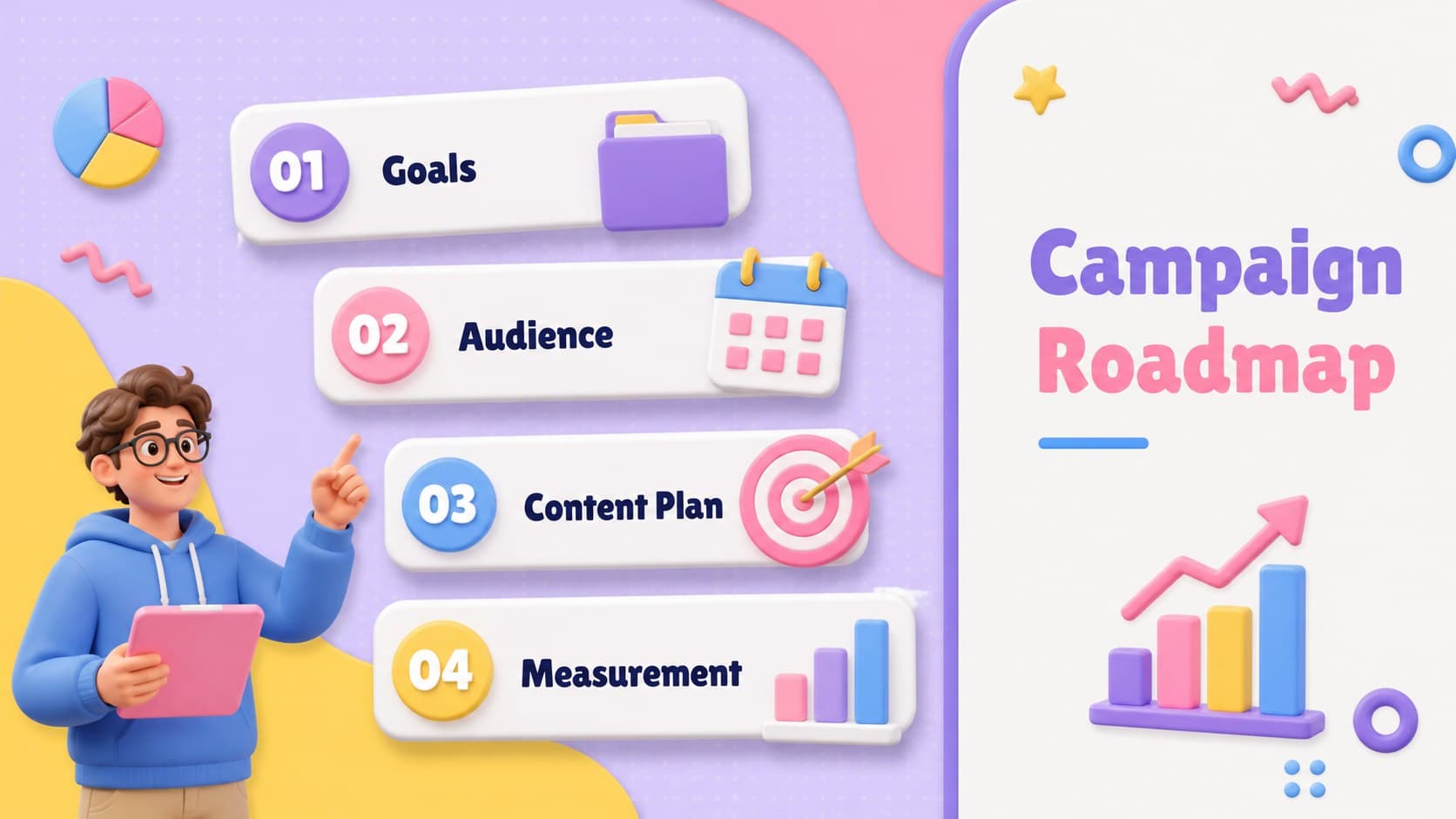 Agenda layout for a colorful social media strategy presentation with four campaign topics.