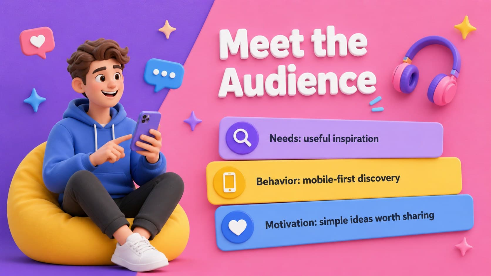 Audience profile page in a cute 3D marketing presentation with needs and behaviors.