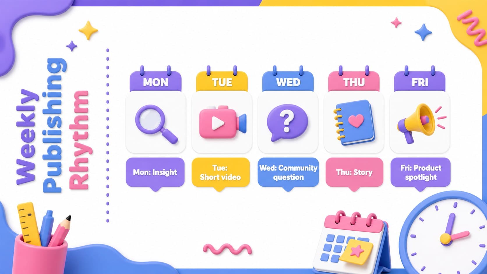 Weekly publishing schedule in playful content calendar slides with color-coded post types.