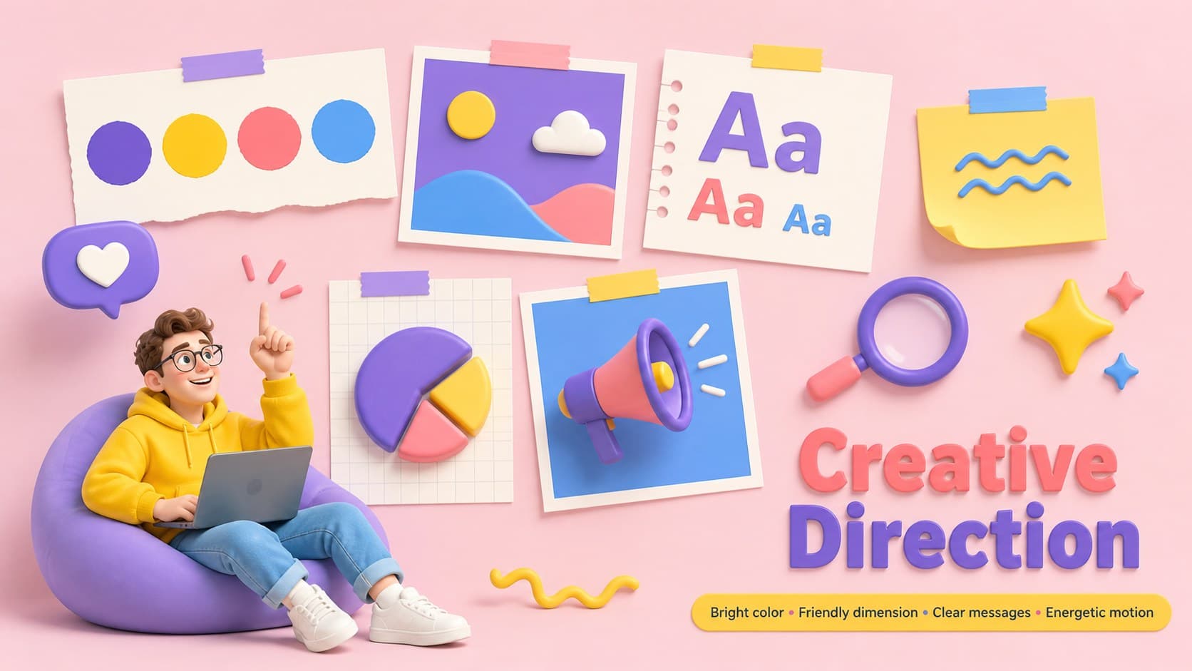 Creative direction moodboard for a bright 3D digital marketing pitch template.