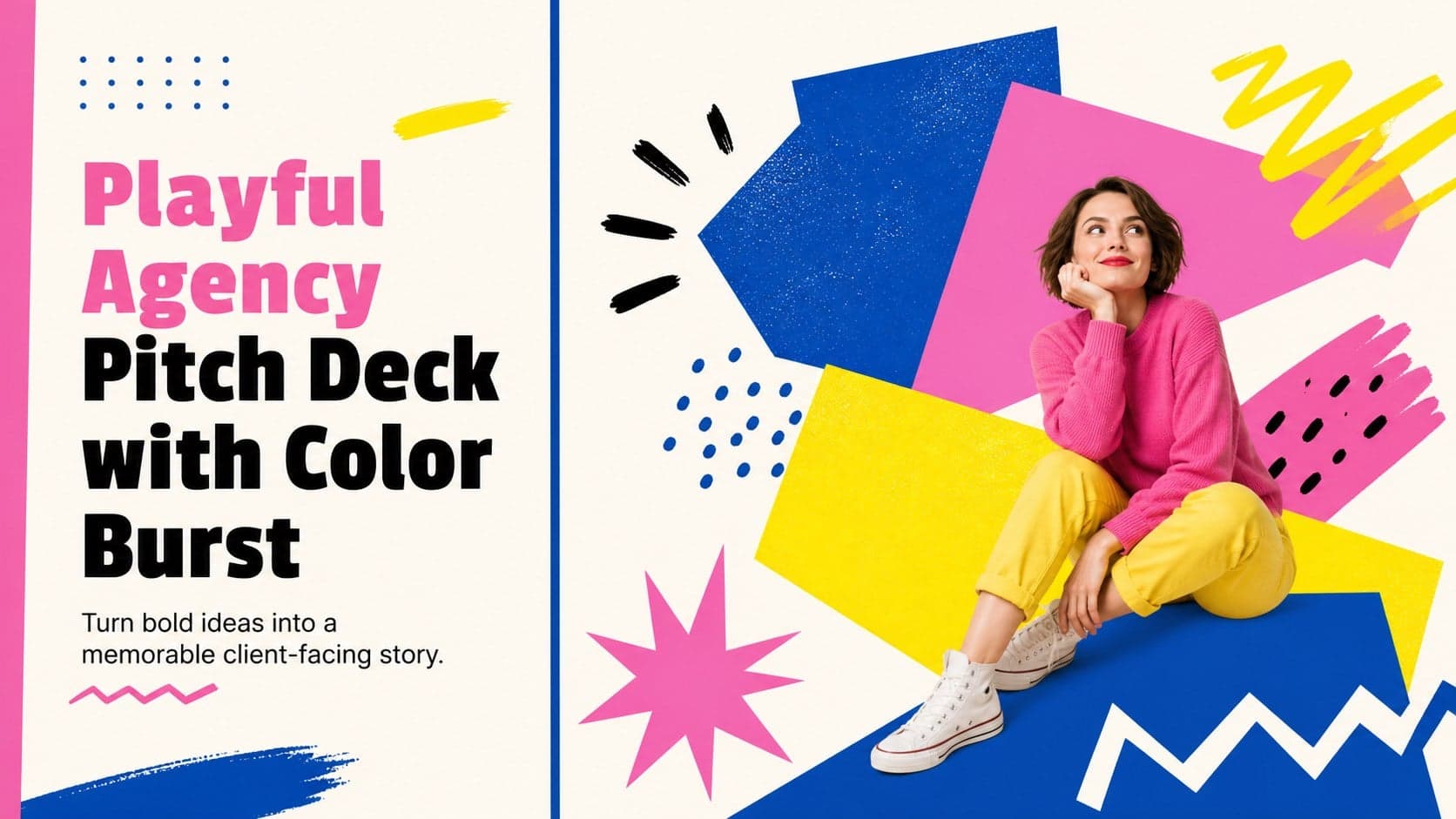 Cover slide for a playful agency pitch deck with vivid pink, blue, and yellow graphics.