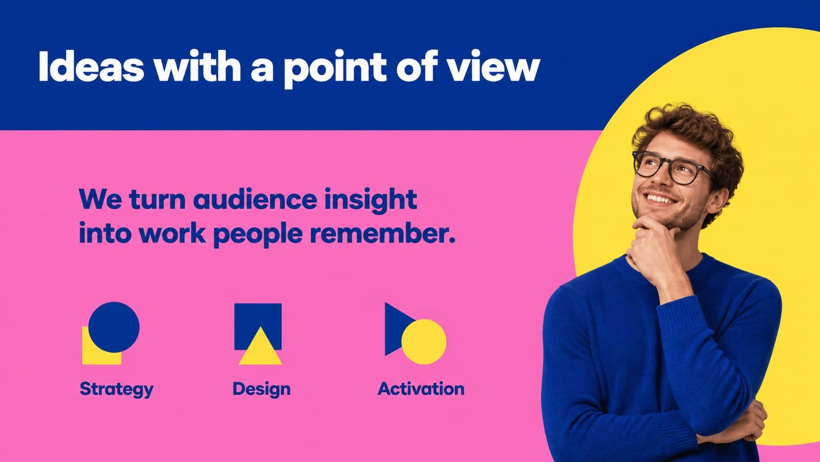 Creative agency introduction slide presenting a concise team and mission statement.