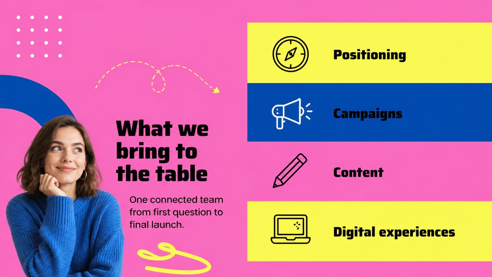 Colorful agency capabilities slide with modular services for a client pitch.