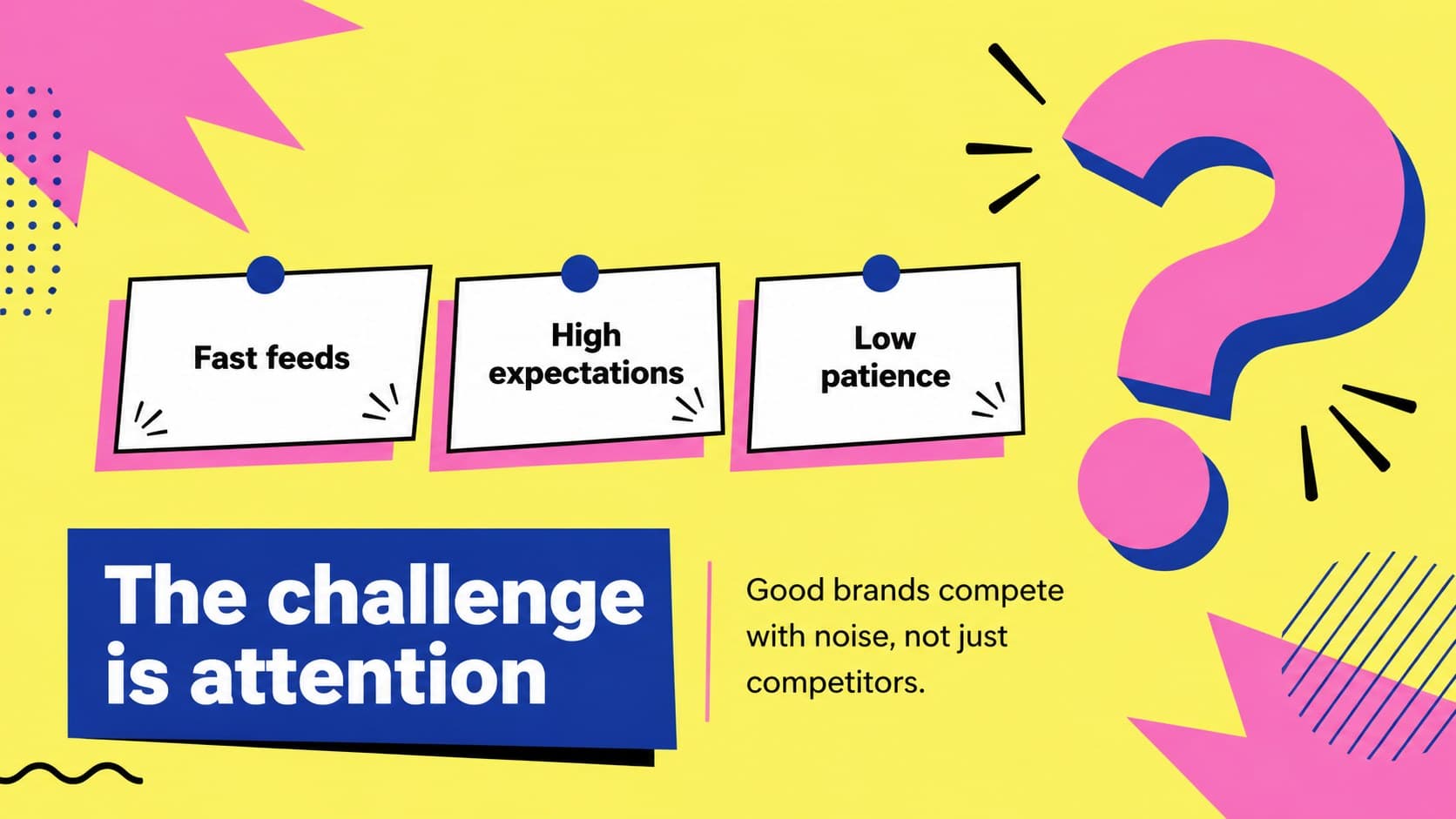 Bold brand strategy presentation slide framing a central market challenge.