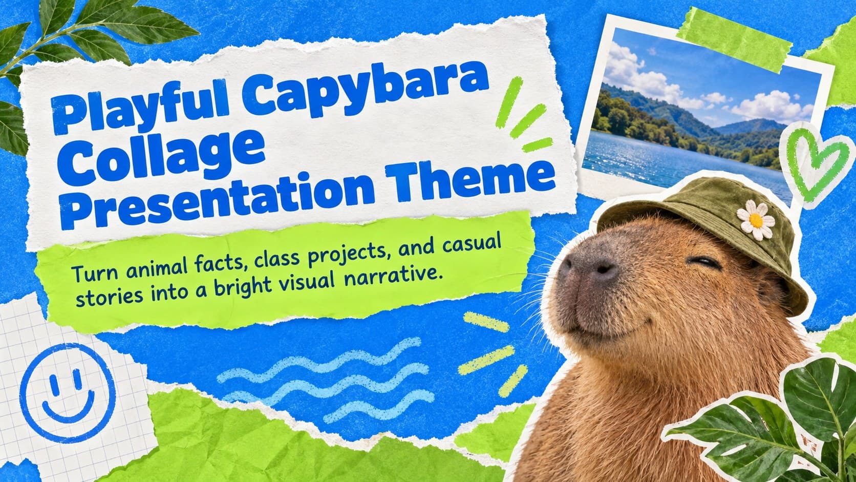 Cover of the Playful Capybara Collage Presentation Theme with original capybara artwork in a blue and green scrapbook layout.