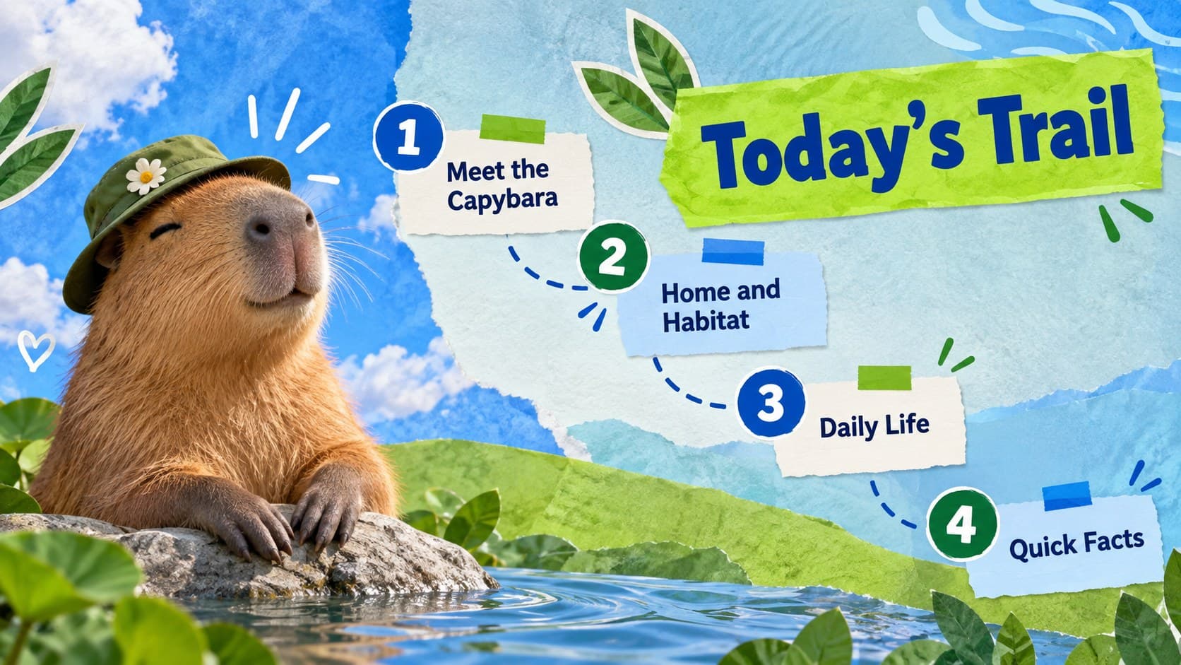 Blue and green capybara presentation agenda featuring four sections in a playful collage arrangement.