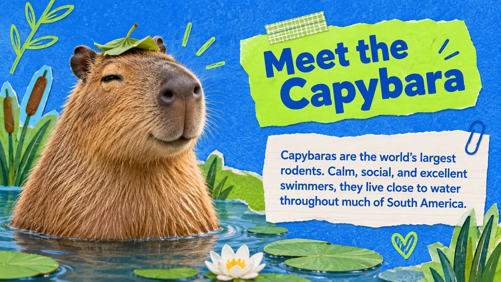 Cute animal classroom presentation slide introducing capybaras with a large original illustration and concise facts.