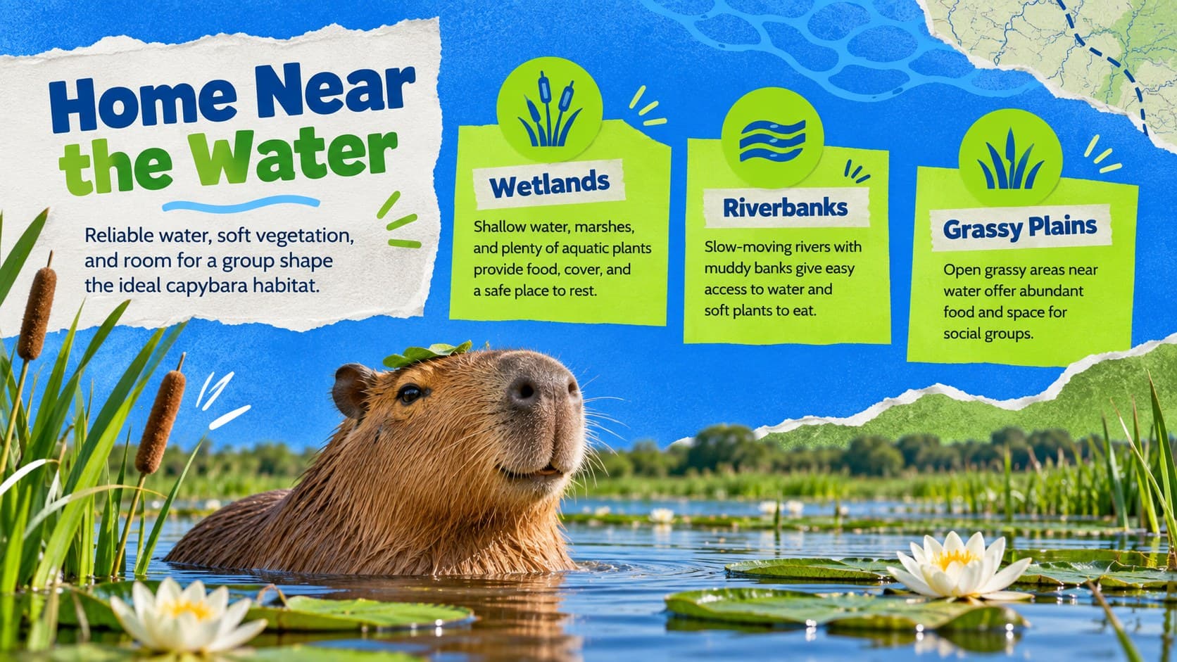 Capybara habitat slide with wetland imagery, labeled environment notes, and blue-green collage elements.