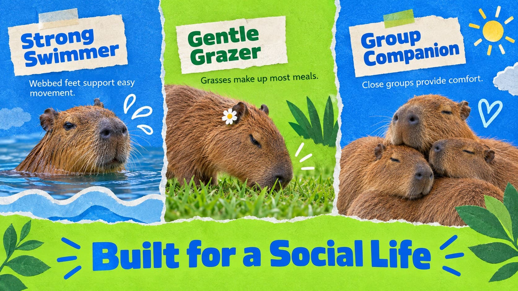 Whimsical wildlife presentation template slide highlighting three capybara traits with illustrated icons.