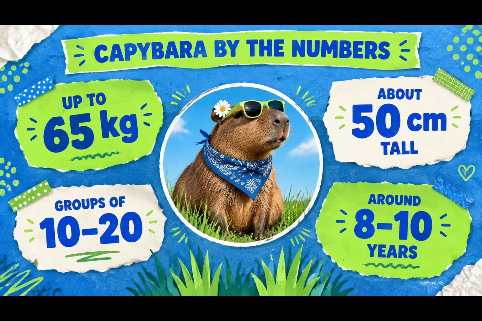 Capybara facts slide showing four playful statistics in a modern animal scrapbook design.