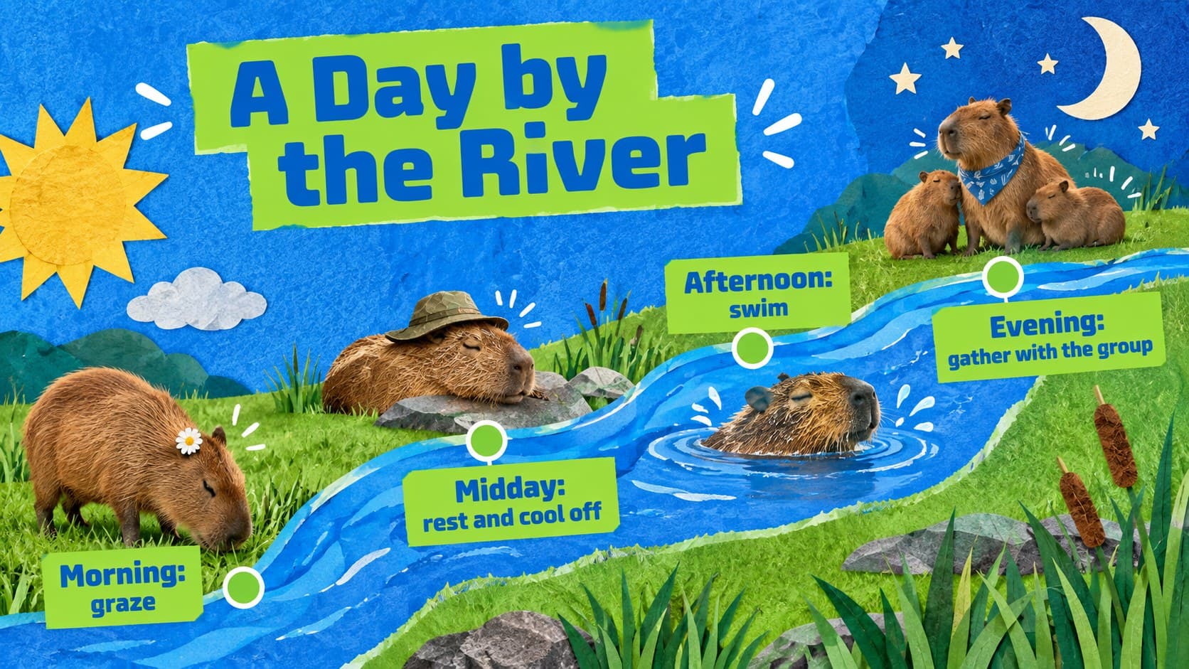 Playful capybara daily routine timeline with morning, midday, afternoon, and evening stages.