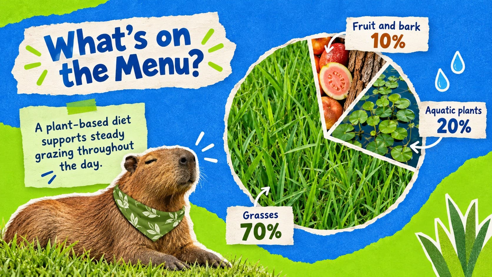 Blue green collage slide deck page presenting a capybara diet with food illustrations and percentages.