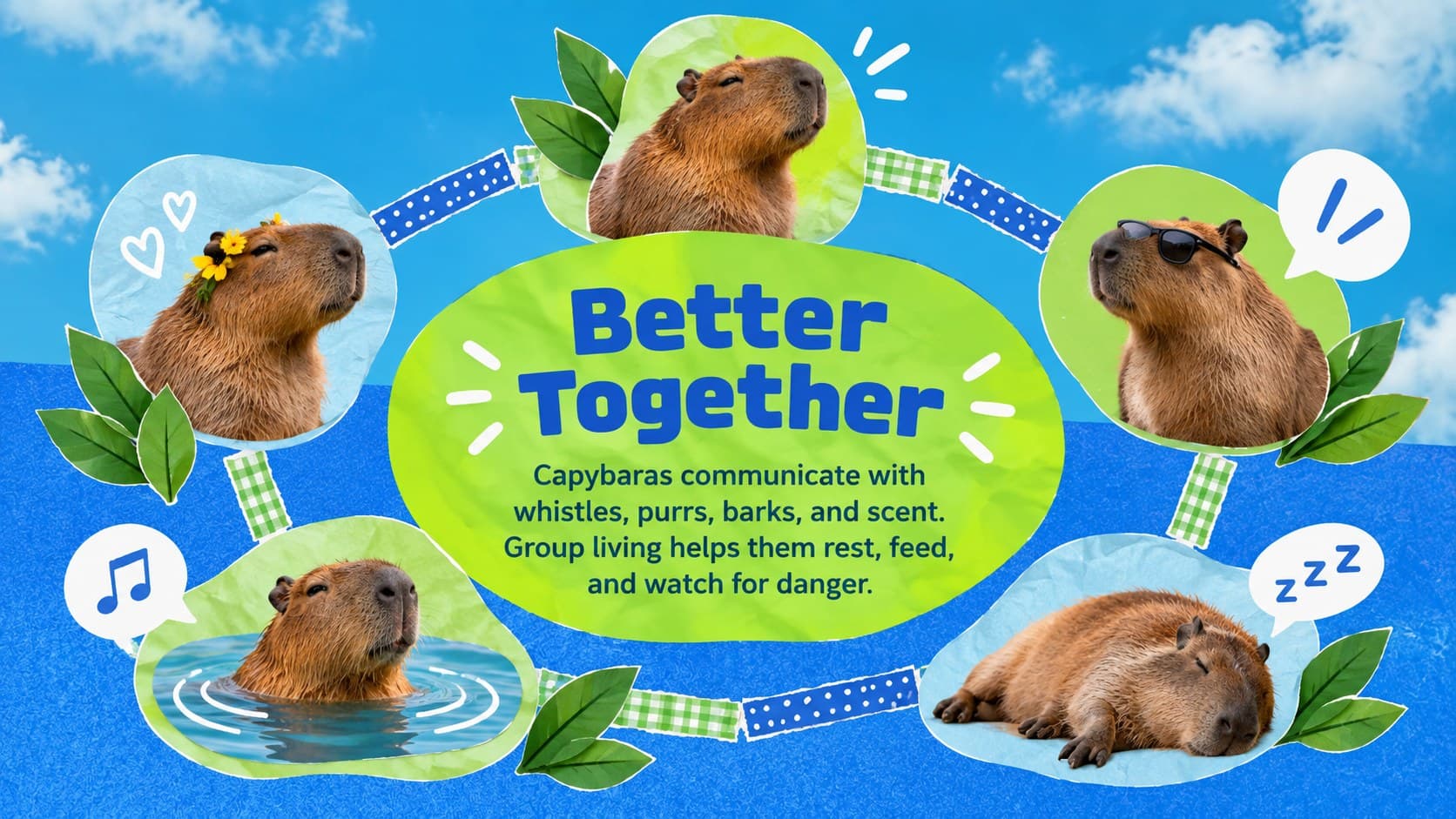 Capybara social group diagram with original animal characters connected in a friendly collage composition.