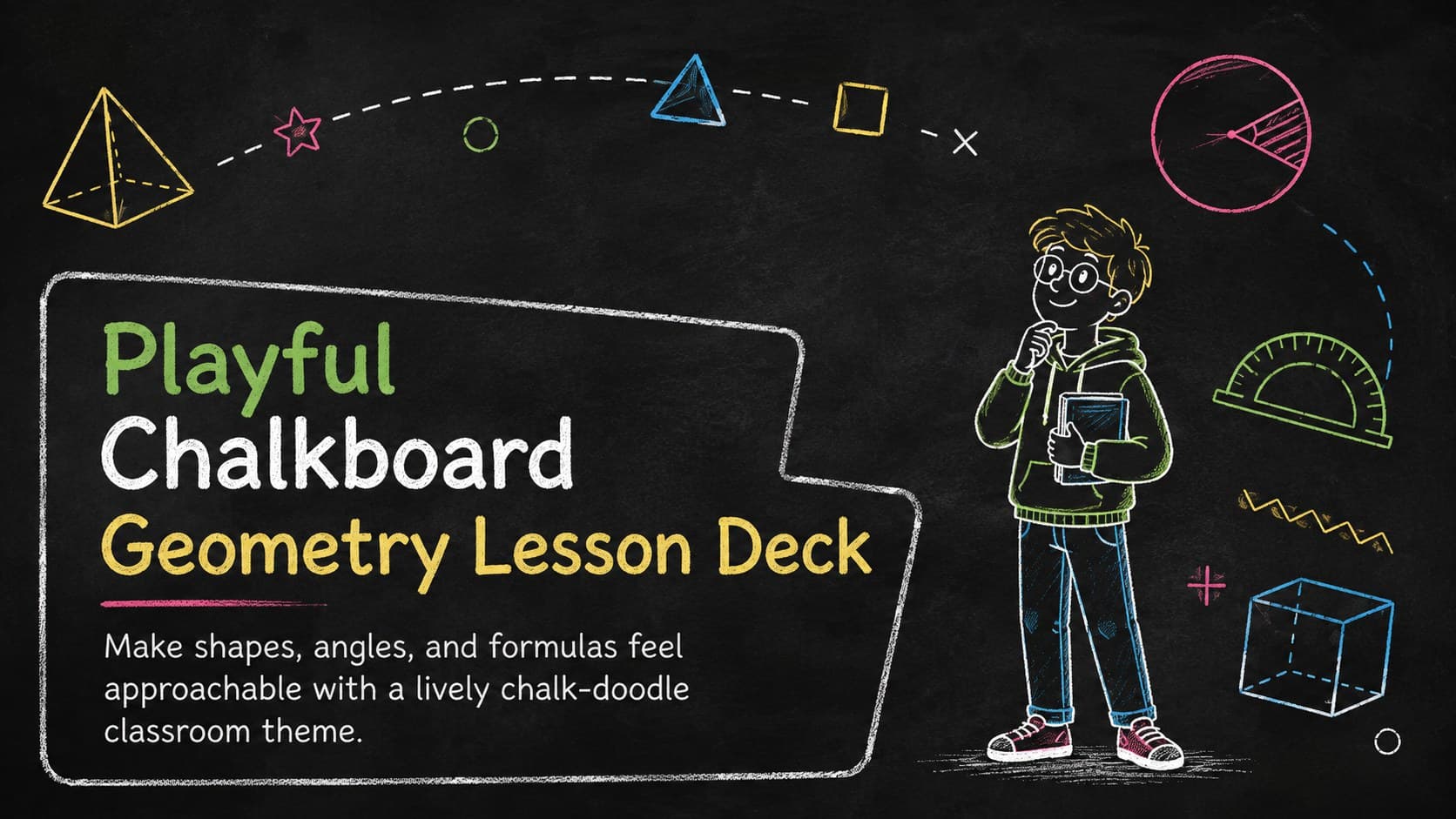 Cover of the Playful Chalkboard Geometry Lesson Deck with colorful chalk shapes and a friendly classroom design.