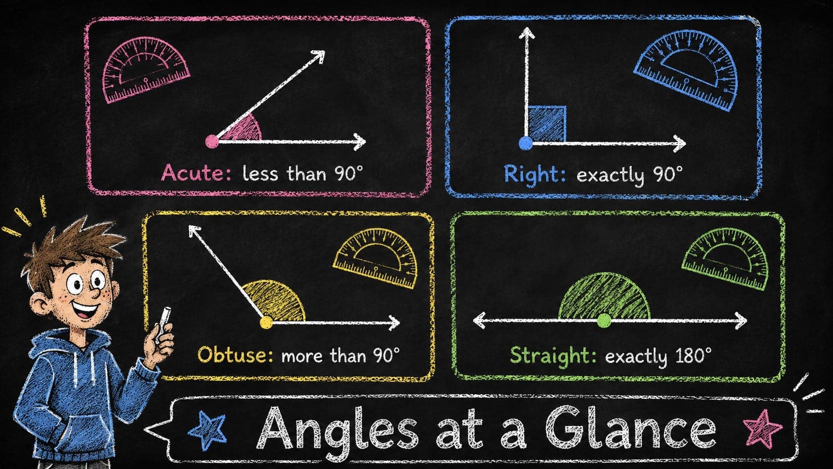 Chalkboard slide comparing acute, right, obtuse, and straight angles for a geometry lesson.