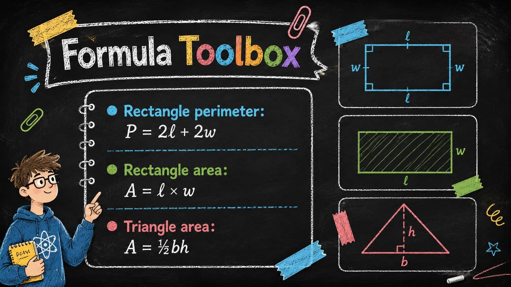 Geometry formula reference slide with perimeter and area rules drawn in colorful chalk.