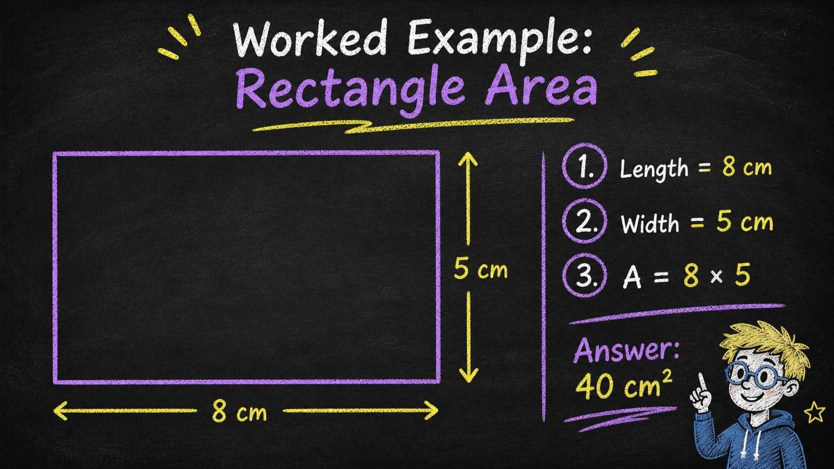 Worked rectangle example in an editable chalkboard geometry presentation template.