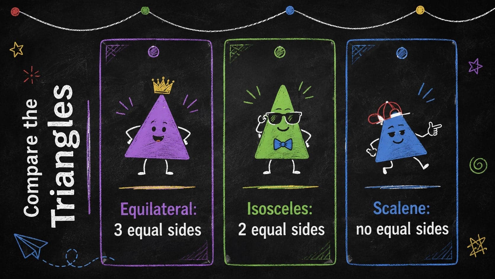 Triangle comparison chart in a colorful blackboard math slide for students.