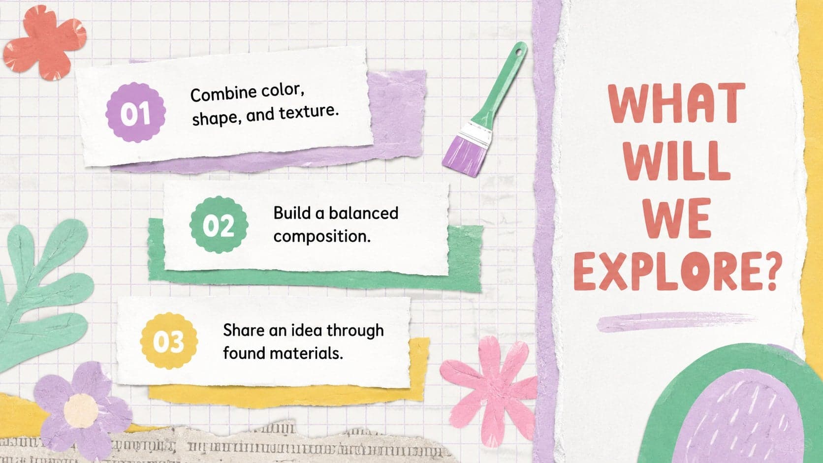 Pastel collage lesson overview slide presenting creative goals for a classroom paper art activity.