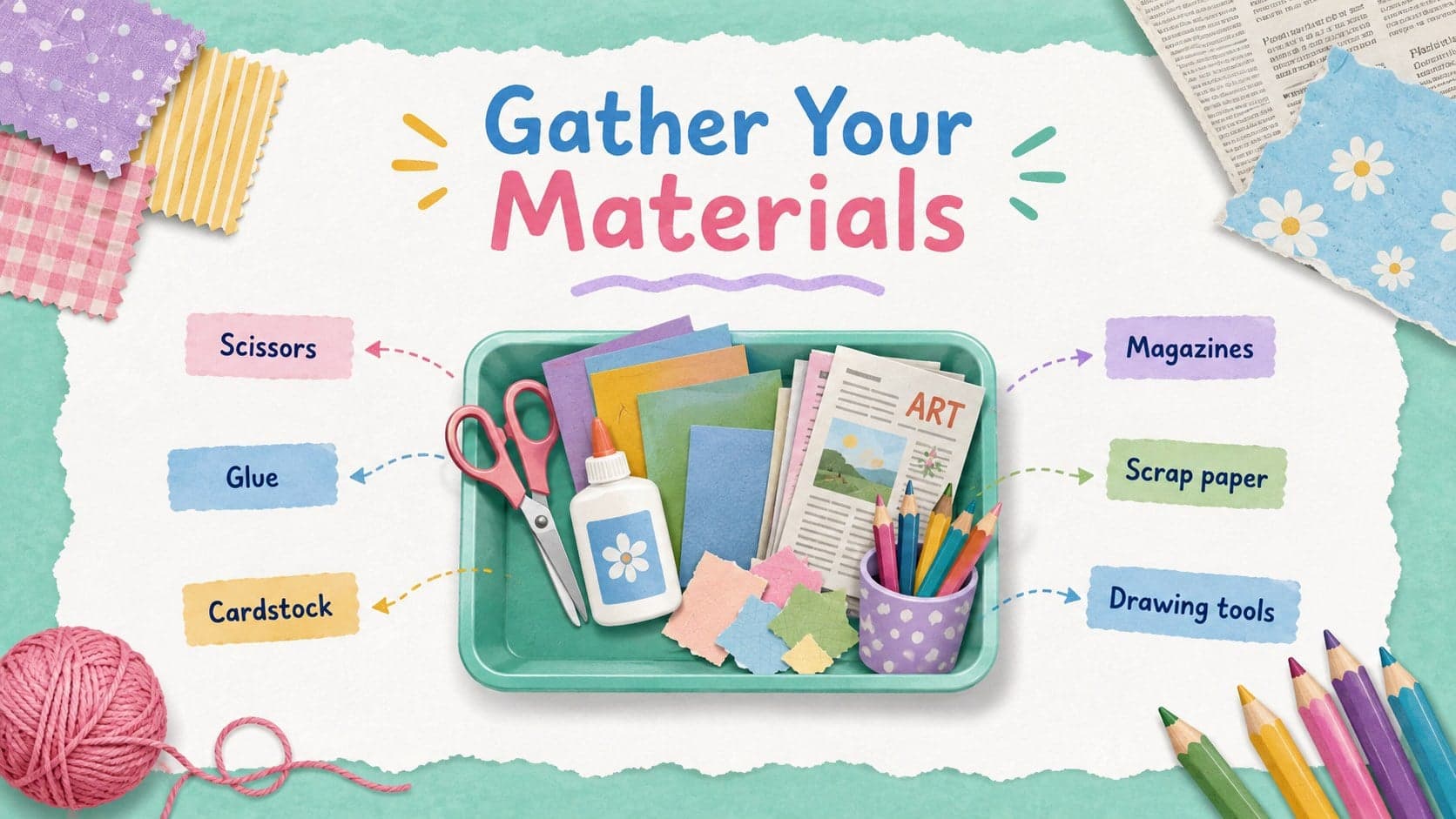 Colorful paper collage lesson slide listing scissors, glue, magazines, cardstock, and drawing tools.