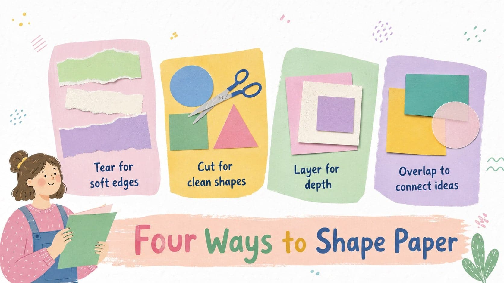 Collage techniques presentation slide comparing tearing, cutting, layering, and overlapping paper.